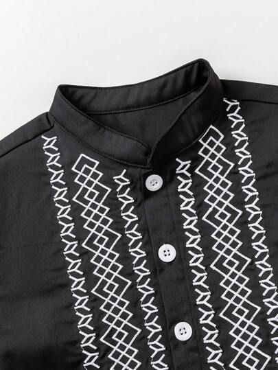 Wildeya قميص كاجوال للفتى المراهق مطرز بهندسي أكمام قصيرة