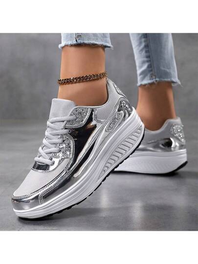 أحذية رياضية مبطنة على الطراز الكوري باللون الذهبي/الفضي/الأبيض، أحذية رياضية كاجوال للطلاب والمراهقين، أحذية منصة من الجلد العصرية مرصعة باللآلئ والكريستال الملونة، أحذية جري خفيفة الوزن وعصرية متعددة الاستخدامات