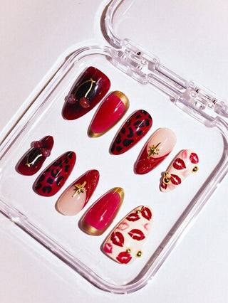 10 قطعة/مجموعة ألسنة أظافر بشكل لوز كاملة التغطية، طبعة نمر بوردوني للشفاه تكرر تصميم كرز إنس بطريقة السحب على الأظافر