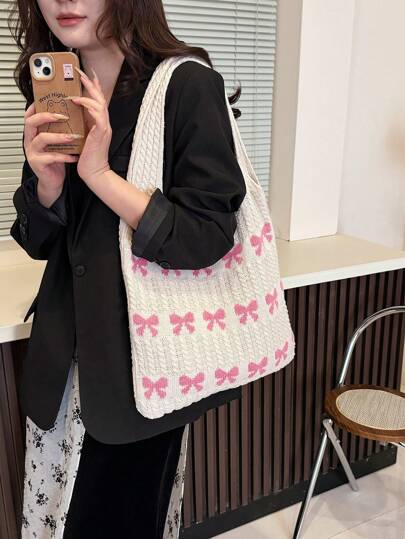 حقيبة منسوجة بنمط تصميم القلب الملون، بسعة كبيرة، بميزة الفيونكة بالزهري والبيج كلون متباين، حقيبة يد شاطئية/كاجوال للنساء
