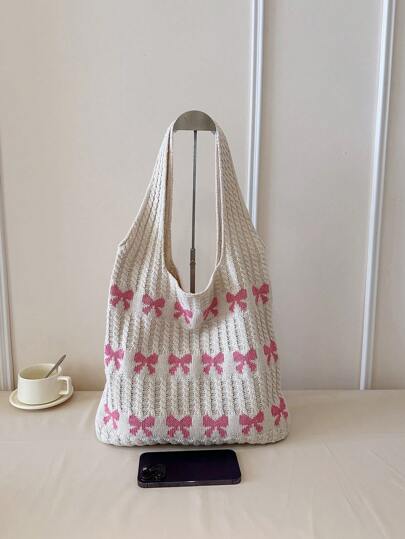 حقيبة منسوجة بنمط تصميم القلب الملون، بسعة كبيرة، بميزة الفيونكة بالزهري والبيج كلون متباين، حقيبة يد شاطئية/كاجوال للنساء