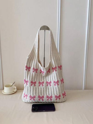 حقيبة منسوجة بنمط تصميم القلب الملون، بسعة كبيرة، بميزة الفيونكة بالزهري والبيج كلون متباين، حقيبة يد شاطئية/كاجوال للنساء