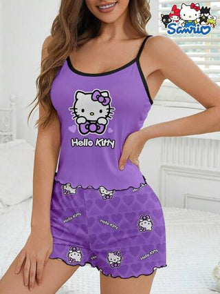 Sanrio مجموعة بيجامة نسائية 2 قطعة من ساتنو أنيتو مع هيلو كيتي، توب كامي وشورت للنوم، مزينة بطباعة قلوب وأحرف، مريحة