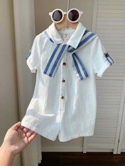 قميص كاجوال بأكمام قصيرة ذو لون واحد للطفل البنت، رومبير مخطط بشال، مناسب لارتداء الربيع والصيف، للاستخدام داخل وخارج المنزل