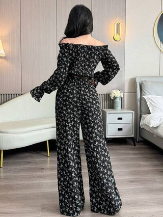 طقم حريمي قطعتين Modelyn العيد مجموعة فستان وبلوزة كتف مكشوف ذو طبعة زهور متناثرة للنساء قطعتين