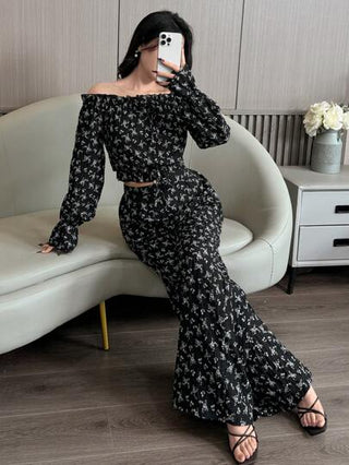 طقم حريمي قطعتين Modelyn العيد مجموعة فستان وبلوزة كتف مكشوف ذو طبعة زهور متناثرة للنساء قطعتين