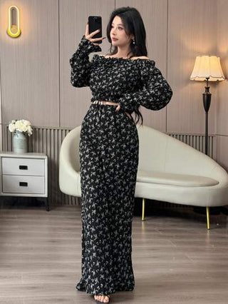 طقم حريمي قطعتين Modelyn العيد مجموعة فستان وبلوزة كتف مكشوف ذو طبعة زهور متناثرة للنساء قطعتين