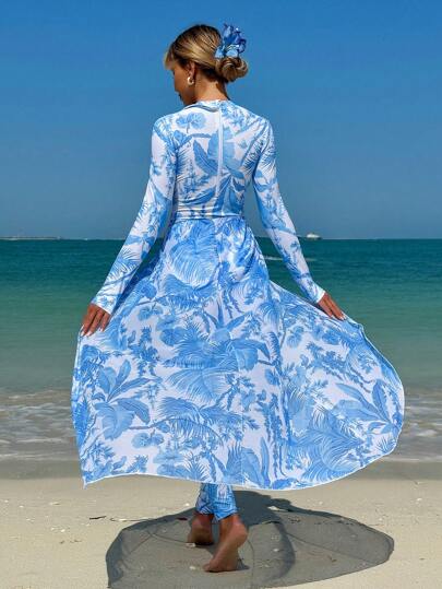 Swim Mulvari بدلة سباحة ذات أكمام طويلة مطبوعة بطبعات عشوائية للنساء 3 قطع، غطاء شاطئ مطبوع بطبعات عشوائية، مجموعة بوركيني، صيفي