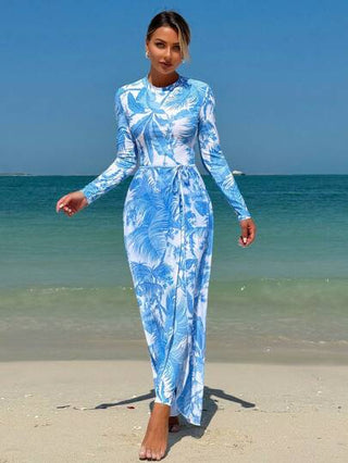 Swim Mulvari بدلة سباحة ذات أكمام طويلة مطبوعة بطبعات عشوائية للنساء 3 قطع، غطاء شاطئ مطبوع بطبعات عشوائية، مجموعة بوركيني، صيفي