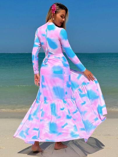 Swim Shayni مجموعة فستان حجاب (بوركيني) تشمل بدلة سباحة وتنورة شاطئية مطبوعة ذات تصميم عشوائي مموج مع فتحة رقبة دائرية وأكمام طويلة وسحاب في الخلف، 2 قطعة