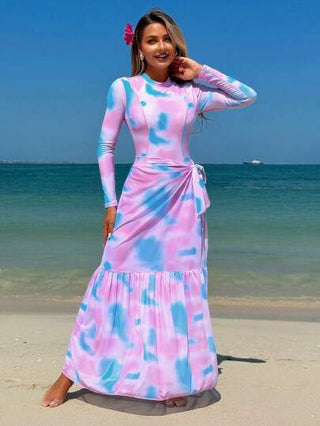 Swim Shayni مجموعة فستان حجاب (بوركيني) تشمل بدلة سباحة وتنورة شاطئية مطبوعة ذات تصميم عشوائي مموج مع فتحة رقبة دائرية وأكمام طويلة وسحاب في الخلف، 2 قطعة