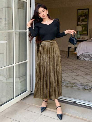 DAZY تنورة معدنية طويلة ذات خصر مطاطي مطوية على شكل حرف A للنساء