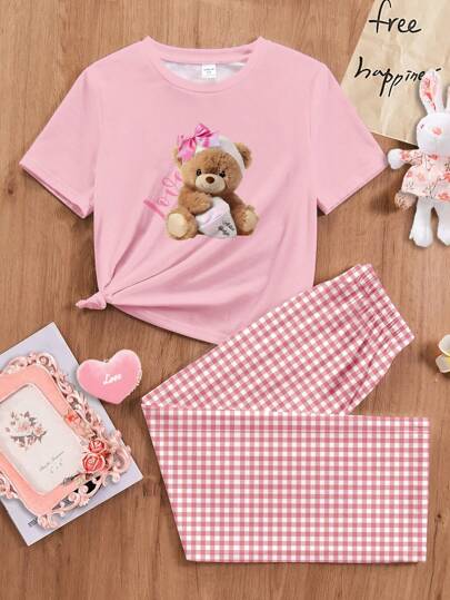 بيجاما مجموعة ملابس المنزل للفتيات المراهقات، تتكون من بلوزة تيشرت بأكمام قصيرة ذات رقبة دائرية وسروال فضفاض، ذات نمط شطرنج بلون دب جميل، مناسبة للربيع والصيف