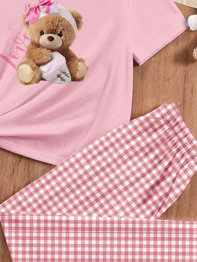 بيجاما مجموعة ملابس المنزل للفتيات المراهقات، تتكون من بلوزة تيشرت بأكمام قصيرة ذات رقبة دائرية وسروال فضفاض، ذات نمط شطرنج بلون دب جميل، مناسبة للربيع والصيف