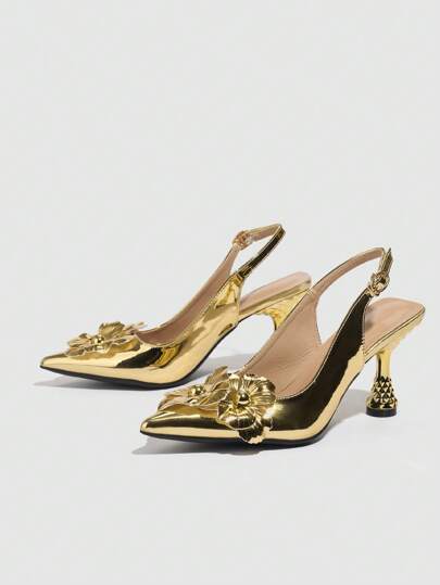 صنادل كعب عالي بشريط خلفي، أزهار، موديل ربيع/صيف 2024، كعب متوسط حلو للنساء