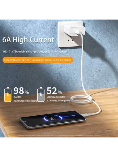 كابل شاحن سريع USB C سوبر 6A 66W متوافق مع هواوي وسامسونج، كابل طاقة وبيانات USB A إلى نوع C شحن سريع وتحويل بيانات