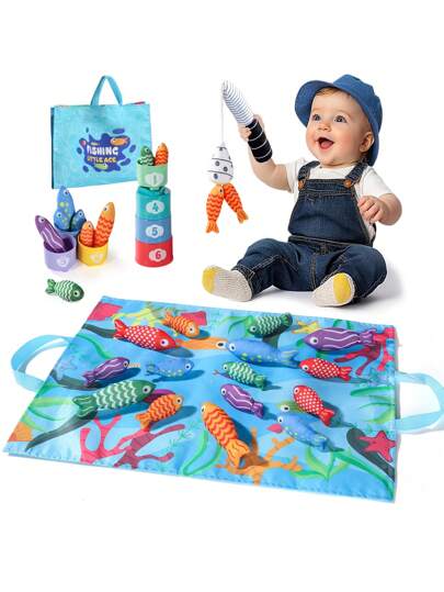 لعبة مونتيسوري لمدة 3+ سنوات 15 قطعة سمك قماشي لعبة تكديس حسي سجاد مع ألوان وموارد تعلم الأشكال لعبة أحجية، هدية مثالية للأطفال الصغار، تشمل أكواب التكديس