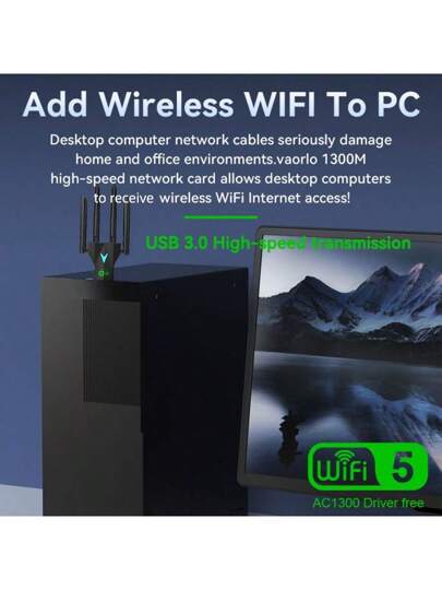 VAORLO بطاقة شبكة واي فاي لاسلكية مزدوجة النطاق 2.4 جيجاهرتز و 5.8 جيجاهرتز USB 3.0 عالية السرعة 1300 ميجابت في الثانية مع 4 هوائيات، لاسلكي مستقبل واي فاي مناسب لأجهزة الكمبيوتر المكتبية والمحمولة ، دون الحاجة إلى برنامج تشغيل ، إشارة قوية وتوصيل متعدد ا