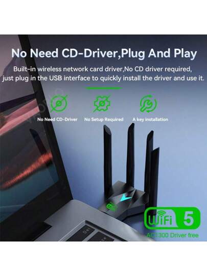 VAORLO بطاقة شبكة واي فاي لاسلكية مزدوجة النطاق 2.4 جيجاهرتز و 5.8 جيجاهرتز USB 3.0 عالية السرعة 1300 ميجابت في الثانية مع 4 هوائيات، لاسلكي مستقبل واي فاي مناسب لأجهزة الكمبيوتر المكتبية والمحمولة ، دون الحاجة إلى برنامج تشغيل ، إشارة قوية وتوصيل متعدد ا