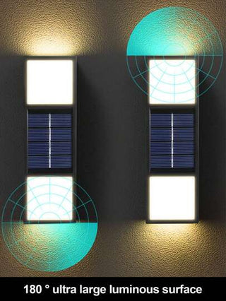2 قطعة أضواء جدار شمسية خارجية مقاومة للماء مستطيلة الشكل، 6 مصابيح LED شمسية لإضاءة المناظر الطبيعية، مقاومة للماء بمعيار IP65، 3000 لومن، مثالية للحديقة والباسيو والسياج والفناء، إنارة مثالية لجدران المنزل