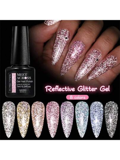 MEET ACROSS طلاء أظافر جل لامع انعكاسي 7 مل، أظافر ماسية ذهبية لامعة متلألئة، طلاء أظافر هولوغرامي بزخارف مخرمة باستخدام الألعاب النارية UV LED