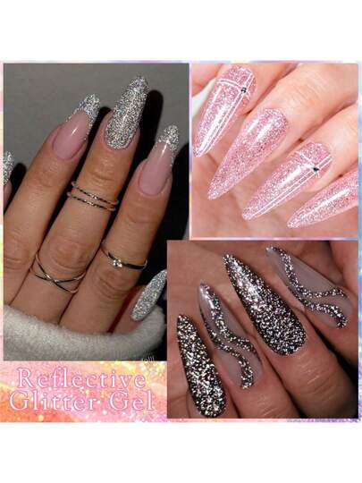 MEET ACROSS طلاء أظافر جل لامع انعكاسي 7 مل، أظافر ماسية ذهبية لامعة متلألئة، طلاء أظافر هولوغرامي بزخارف مخرمة باستخدام الألعاب النارية UV LED