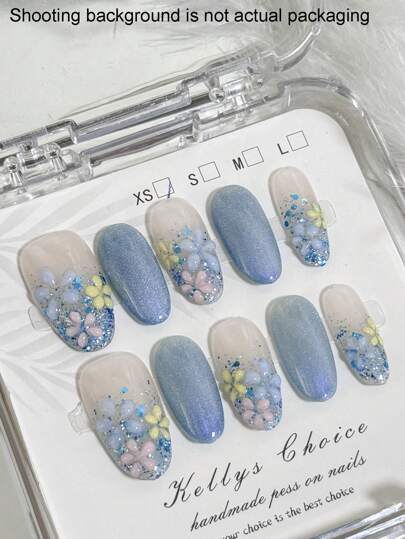 10 قطع ملصقات أظافر بزخارف زهرية لامعة بأسلوب العين القطة، تصاميم محفورة باليد بأسلوب ريفي حلو للأظافر بالضغط