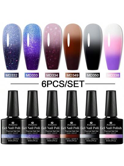 6 قطع مجموعة طلاء أظافر جل حراري من ماركة MSRUIOO - 8 مل من درجات لون النود الزجاجي الشفاف تغير اللون بتغير درجة الحرارة، طلاء أظافر شبه دائم عاكس للدرجات الخفيفة