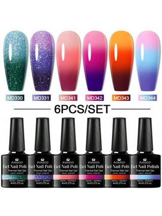6 قطع مجموعة طلاء أظافر جل حراري من ماركة MSRUIOO - 8 مل من درجات لون النود الزجاجي الشفاف تغير اللون بتغير درجة الحرارة، طلاء أظافر شبه دائم عاكس للدرجات الخفيفة