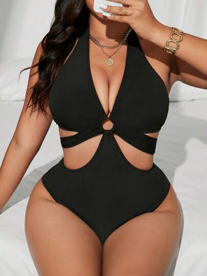 Swim SXY بدلة السباحة قطعة واحدة من قماش ذو لون أحادي، واسع الحجم وملائم للخصر، بنقشة مفرغة وحمالات رفيعة ظهر عاري، مناسبة لفصل الصيف والشاطئ