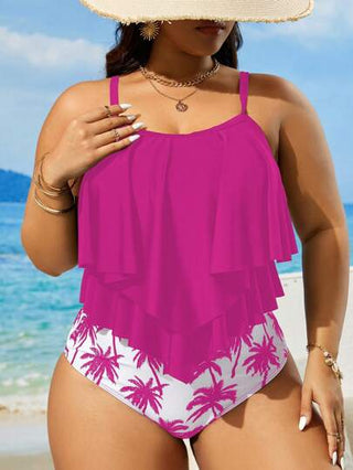 SHEIN Swim Curve 2 قطعة من ملابس السباحة للنساء ذوات الحجم الكبير من نوع تانكيني بطبعات عشوائية وحواف مكسرة على الكتفين ، تصميم نحيف وعصري للعطلات الشاطئية