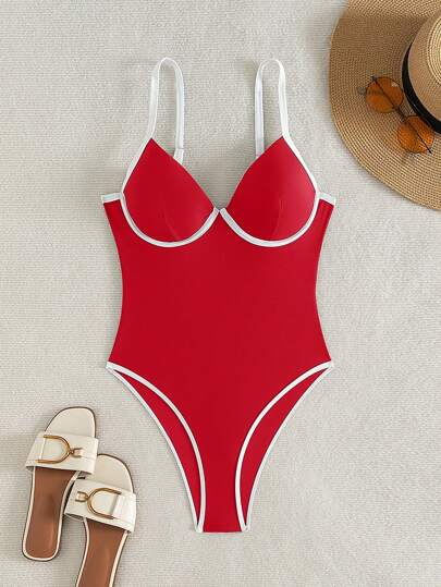 مايوه حريمي قطعة واحدة Swim Chiccia بدلة سباحة قطعة واحدة للنساء بلون سادة، ذات كأس لين، مشدودة بعظم الصلب، قطع بألوان متباينة لجزء الساق العالي