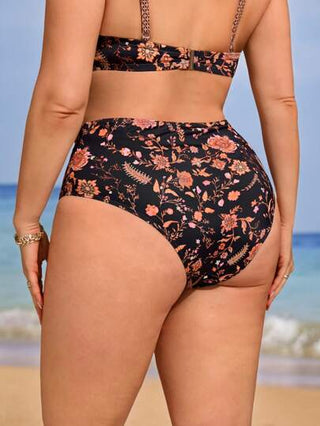 Swim Lushoire سروال بيكيني ذو خصر عالي مطبوع بالورود، بتصميم بسيط وأنيق للنساء ذوات الحجم الكبير، مناسب للصيف والعطلات الشاطئية