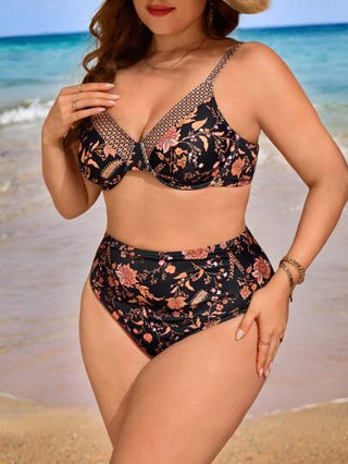 Swim Lushoire سروال بيكيني ذو خصر عالي مطبوع بالورود، بتصميم بسيط وأنيق للنساء ذوات الحجم الكبير، مناسب للصيف والعطلات الشاطئية