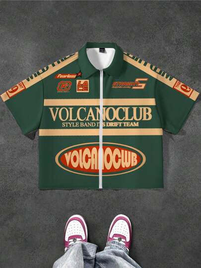 SHEIN قميص كاجوال أزياء المراهق بخطوط متقاطعة، طباعة شعار الكلية الرائع على الياقة، سحاب، أكمام قصيرة