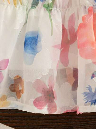 فساتين بيبي فستان صيفي بناتي ناعم خفيف الوزن مع طباعة وديكور زهري وفيونكة ملونة بلا أكمام