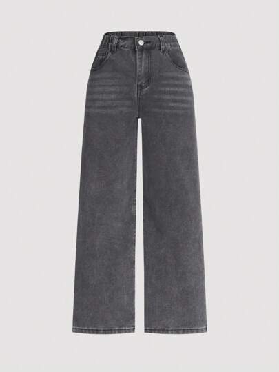 SHEIN بنطلون جينز أزرق فاتح عملي ومتعدد الاستخدامات للفتاة الما بين بخصر مطاطي وقصة مستقيمة عادية