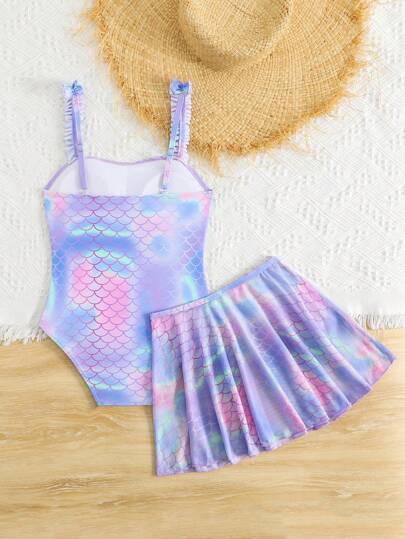 SHEIN بدلة سباحة قطعة واحدة مع تنورة من الشبكة ذات طباعة قشر السمك للفتيات المراهقات