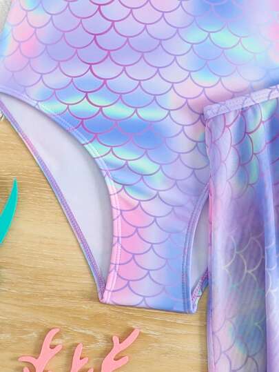 SHEIN بدلة سباحة قطعة واحدة مع تنورة من الشبكة ذات طباعة قشر السمك للفتيات المراهقات