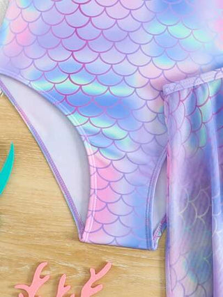 SHEIN بدلة سباحة قطعة واحدة مع تنورة من الشبكة ذات طباعة قشر السمك للفتيات المراهقات
