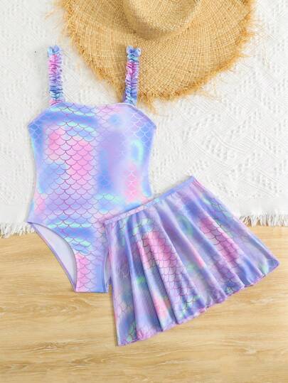 SHEIN بدلة سباحة قطعة واحدة مع تنورة من الشبكة ذات طباعة قشر السمك للفتيات المراهقات