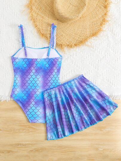 SHEIN طقم من قطعتين للبنات المراهقات بتدرج اللون وتصميم رقائق السمك بتنورة التغطية مع ملابس السباحة من قطعة واحدة