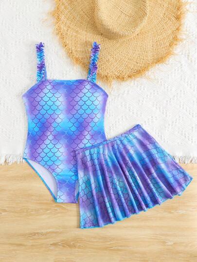 SHEIN طقم من قطعتين للبنات المراهقات بتدرج اللون وتصميم رقائق السمك بتنورة التغطية مع ملابس السباحة من قطعة واحدة