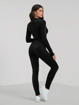 SHEIN Tall طقم رياضي قطعتين باللون الأسود - جاكيت سوستة وبنطلون ضيق