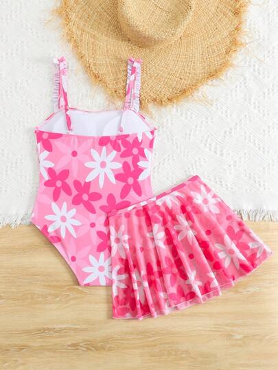 SHEIN بدلة سباحة قطعة واحدة مطبوعة بنقشة أسماك لمراهقات مع تنورة من الشبكة