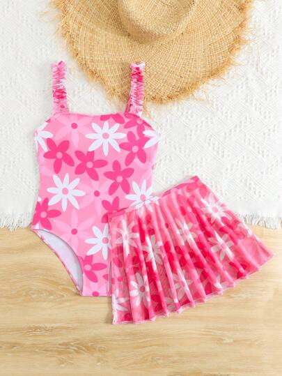 SHEIN بدلة سباحة قطعة واحدة مطبوعة بنقشة أسماك لمراهقات مع تنورة من الشبكة