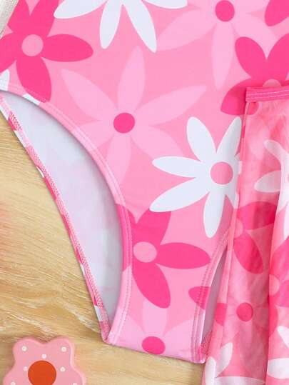 SHEIN بدلة سباحة قطعة واحدة مطبوعة بنقشة أسماك لمراهقات مع تنورة من الشبكة