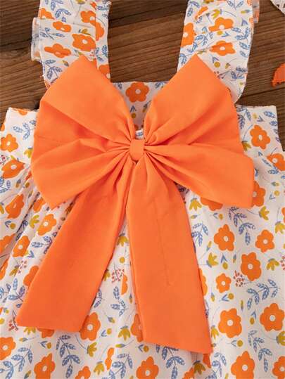فساتين بيبي 2 قطعة ملابس صيفية للبنات الصغار، فستان أكمام بلا رباط و طبعات زهور وقبعة، لون برتقالي، للارتداء اليومي العادي
