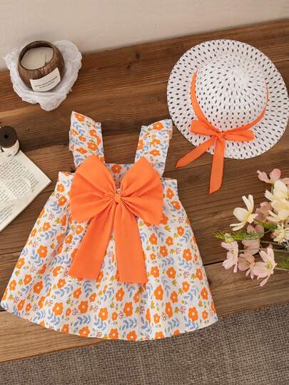 فساتين بيبي 2 قطعة ملابس صيفية للبنات الصغار، فستان أكمام بلا رباط و طبعات زهور وقبعة، لون برتقالي، للارتداء اليومي العادي