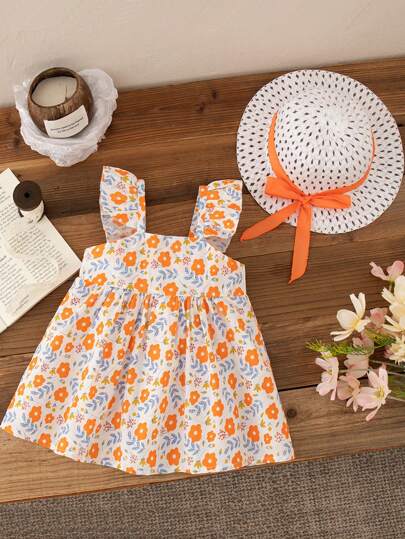 فساتين بيبي 2 قطعة ملابس صيفية للبنات الصغار، فستان أكمام بلا رباط و طبعات زهور وقبعة، لون برتقالي، للارتداء اليومي العادي